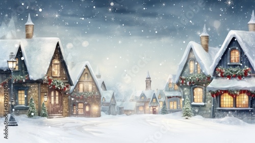 A christmas scene of a snowy village with a christmas tree