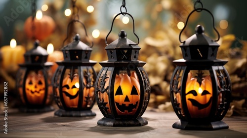 A group of halloween lanterns sitting on top of a table