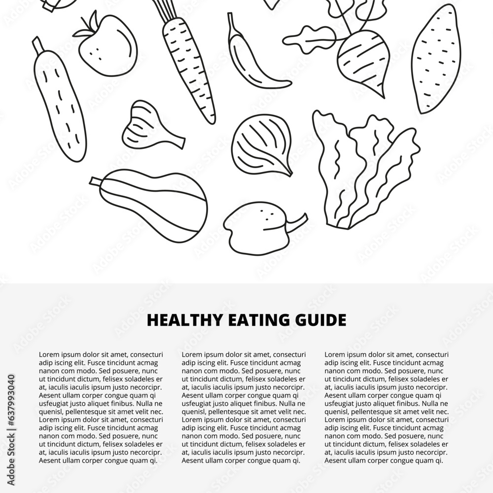Article template with text and doodle outline vegetables.