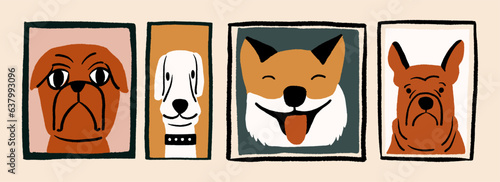 Set of stylized funny portraits of dogs of different breeds. Vector illustration in hand drawn style.