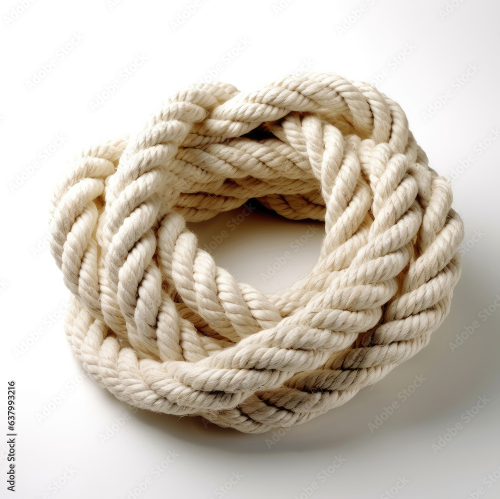 Fibrous thick rope twisted into a circle, isolated on a white background