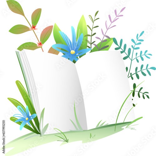 Empty open book or notebook in nature, literature bookstore template. Cute kids illustration for education, reading and study, library and school. Hand drawn cartoon in watercolor style for children.
