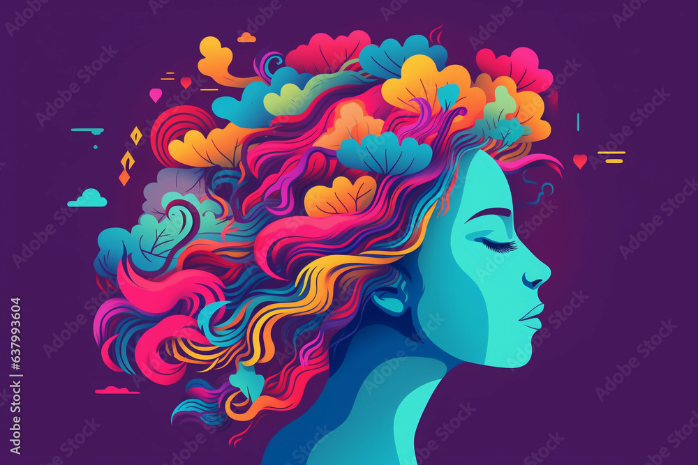 Portrait of a woman with abstract geometric hair. The concept of meditation and mental health in a surreal style. Divine energies in warm orange, pink and blue colors on purple background.