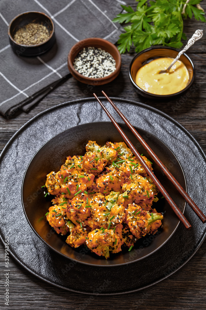 bang bang broccoli bites in bowl, top view bang bang broccoli bites in bowl, top view