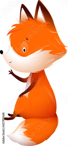 Cute Little Fox Sitting and Greeting, funny character design for kids. Furry foxy mascot, childish cartoon of a crafty red fox. Hand drawn cartoon in watercolor style for children.