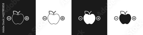 Set Calorie calculator icon isolated on isolated on black and white background. Calorie count. Diet. Weight loss. Portion control. Healthy eating. Dietary nutrition. Vector