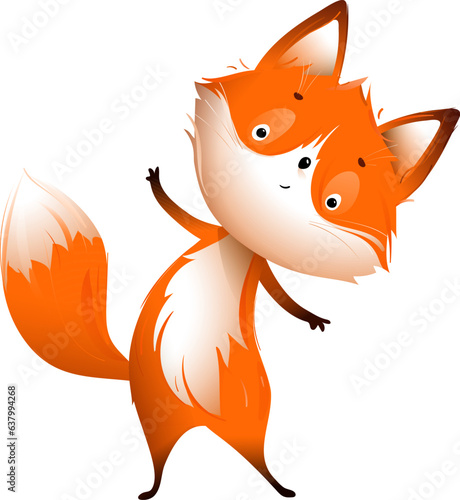 Cute Little Fox Hugging Greeting, funny character design for kids. Furry cheering mascot, childish crafty red fox isolated clipart. Hand drawn vector animal cartoon in watercolor style for children.