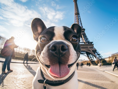A cute dog smiles while taking a selfie in front of the Eiffel Tower