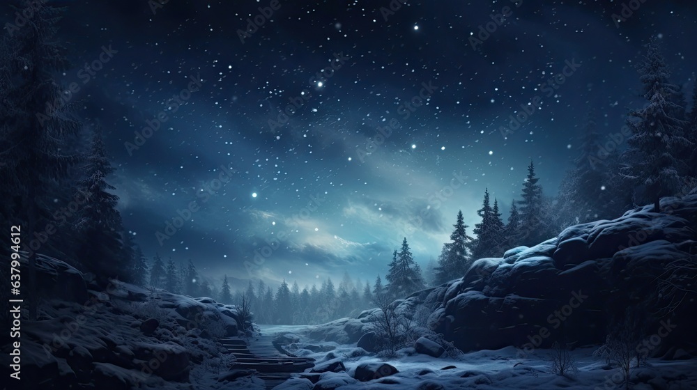 Cold, dark night; stars silently illuminate the sky.