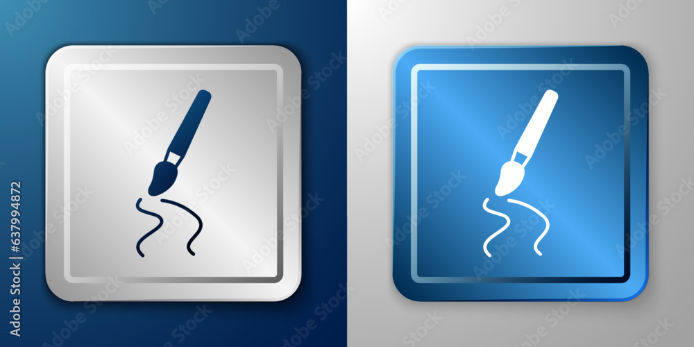 White Paint brush icon isolated on blue and grey background. Silver and blue square button. Vector White Paint brush icon isolated on blue and grey background. Silver and blue square button. Vector