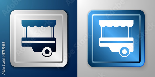White Fast street food cart with awning icon isolated on blue and grey background. Urban kiosk. Silver and blue square button. Vector
