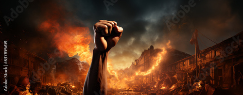 A raised hand with a clenched fist in front of a burning building. concept of victory and solidarity, legal AI