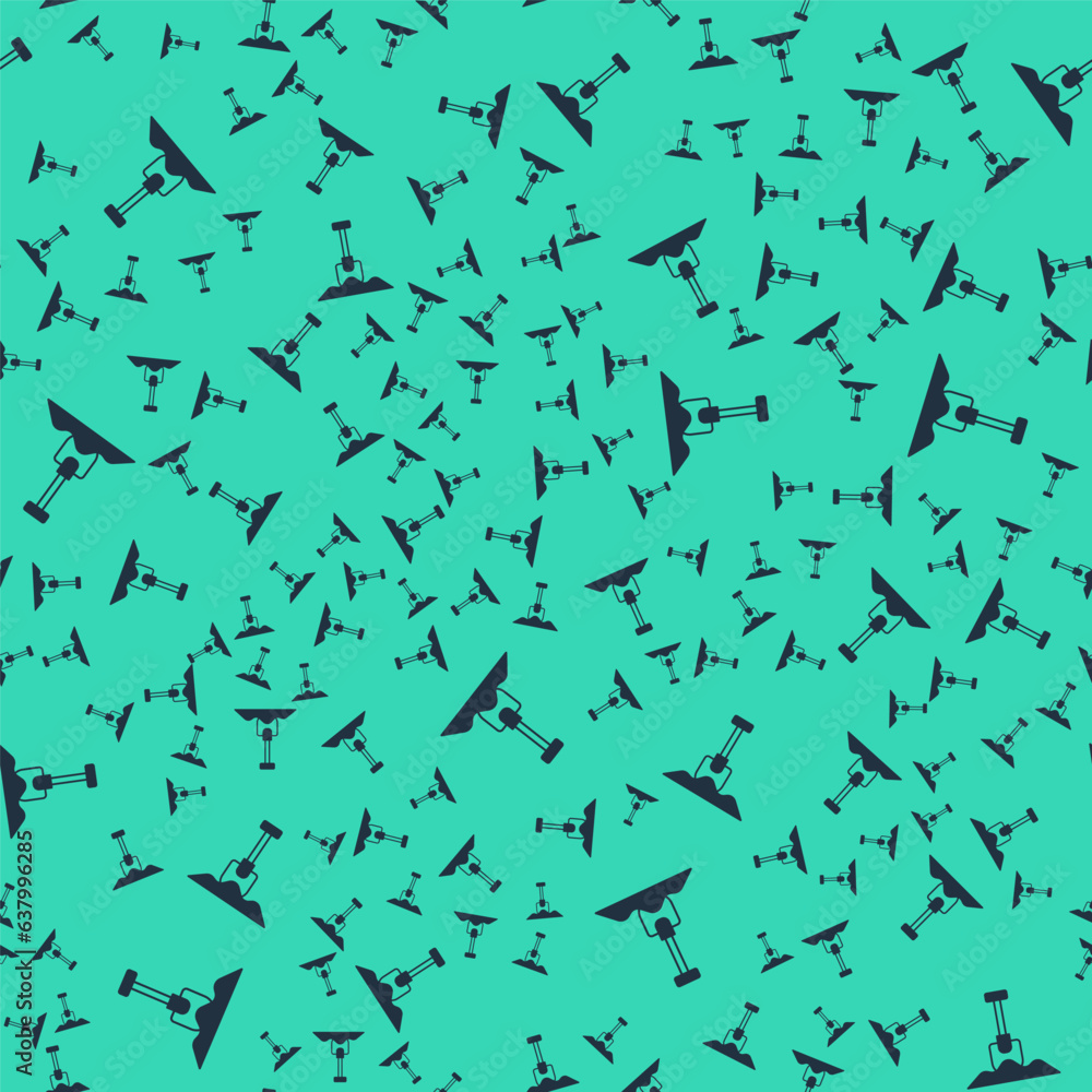 Black Shovel icon isolated seamless pattern on green background. Gardening tool. Tool for horticulture, agriculture, farming. Vector Black Shovel icon isolated seamless pattern on green background. Gardening tool. Tool for horticulture, agriculture, farming. Vector