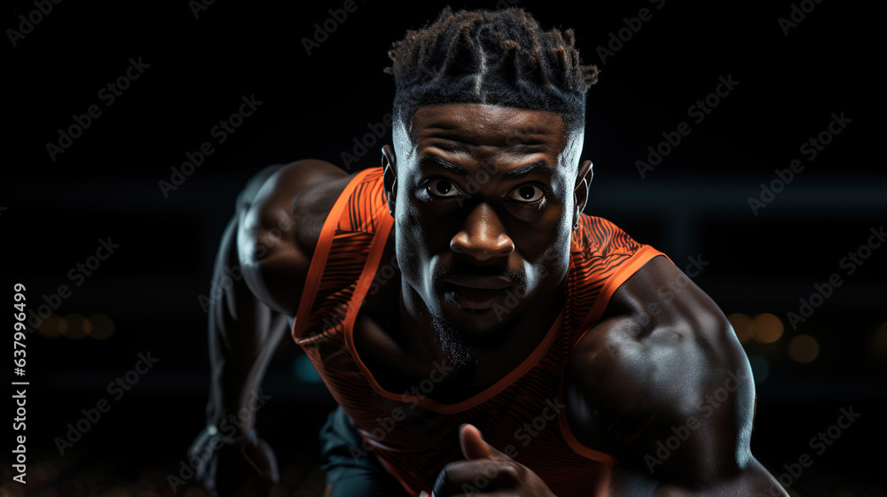 Young African Athlete Sprinter Running on Stadium Track, Professional Runner Training, Getting Ready to Start a Race Competition, Start stride, Sports and healthy lifestyle concept. generative ai