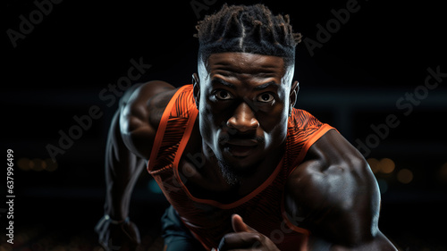Young African Athlete Sprinter Running on Stadium Track, Professional Runner Training, Getting Ready to Start a Race Competition, Start stride, Sports and healthy lifestyle concept. generative ai © Syntetic Dreams