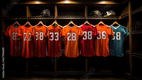Sports T-shirts with Numbers Hanging, Await Athletes in Football Locker Room, Ready for Action Game and Team Unity in Sports. Colorful Sport jersey hanging on rack, soccer uniform kit