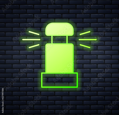 Glowing neon Automatic irrigation sprinklers icon isolated on brick wall background. Watering equipment. Garden element. Spray gun icon. Vector