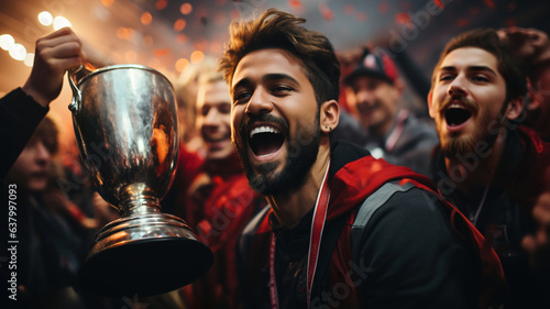 A group of Football Sports Team Holding a Cup in Red Uniform Cheering a Victory in a game competition after making a goal at the stadium or a soccer field. players training. generative ai