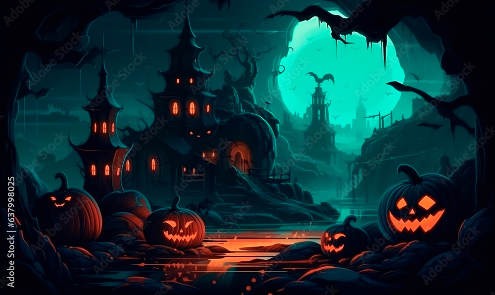 Halloween pumpkins in spooky graveyard background. Celebration sinister 3d glowing faces for festive generative ai horror event and party with scare and treats Halloween pumpkins in spooky graveyard background. Celebration sinister 3d glowing faces for festive generative ai horror event and party with scare and treats
