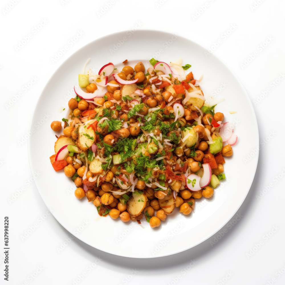 Chana Chaat Pakistani Dish On Plate On White Background Directly Above View Chana Chaat Pakistani Dish On Plate On White Background Directly Above View