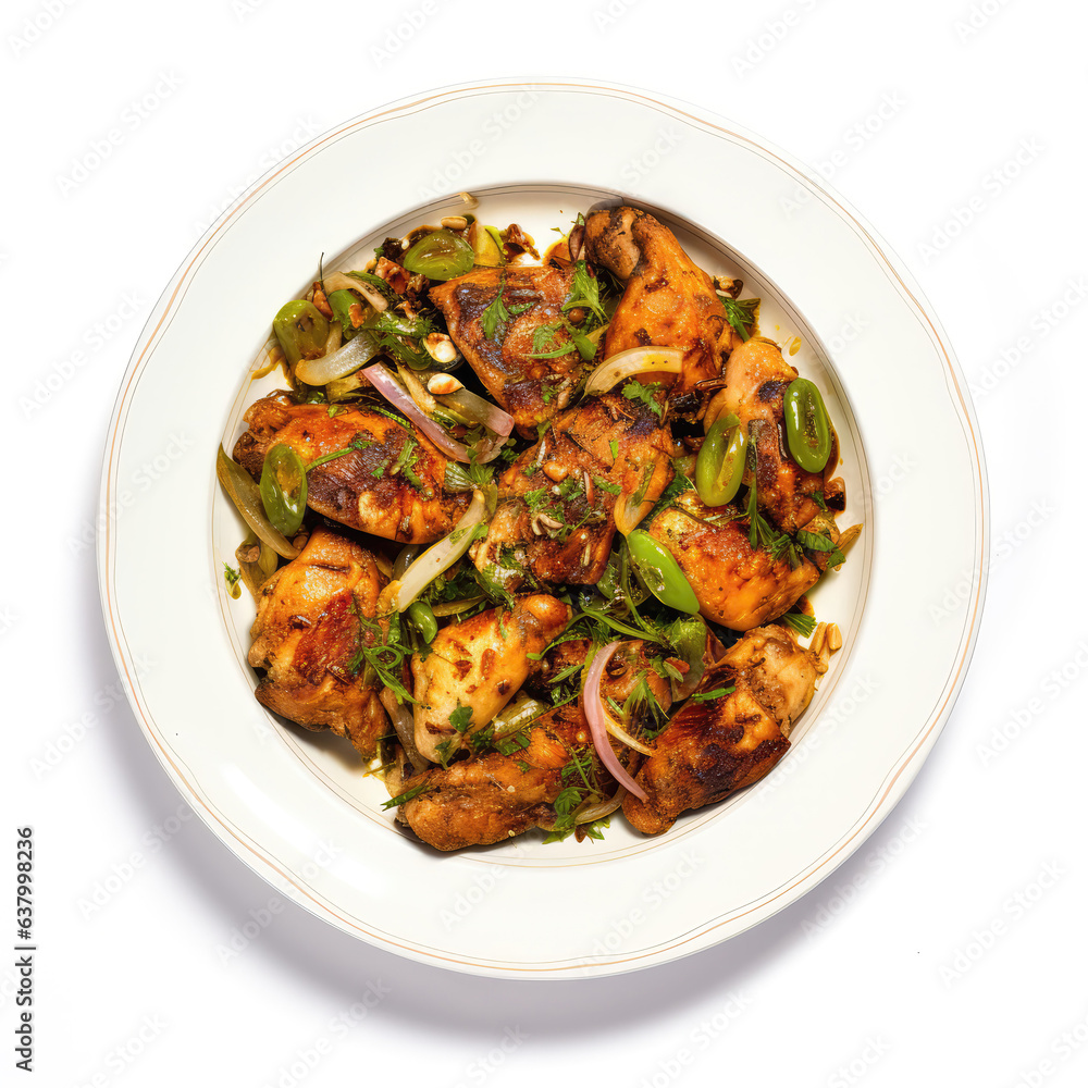 Chicken Boti Pakistani Dish On Plate On White Background Directly Above View Chicken Boti Pakistani Dish On Plate On White Background Directly Above View