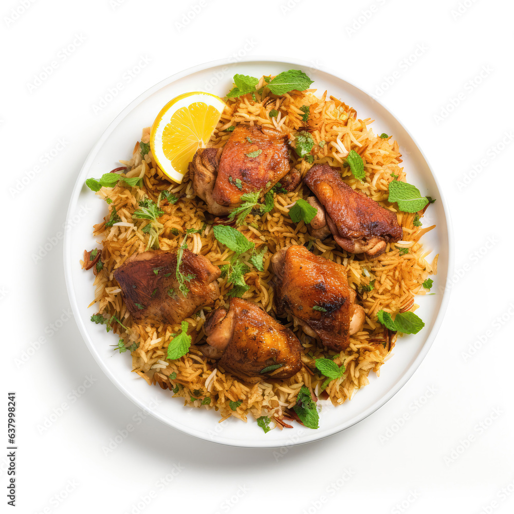 Chicken Biryani Pakistani Dish On Plate On White Background Directly Above View Chicken Biryani Pakistani Dish On Plate On White Background Directly Above View