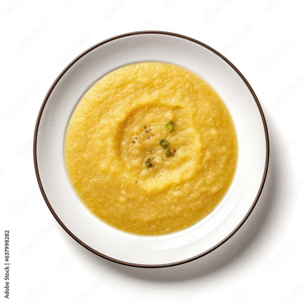 Cornmeal Porridge Jamaican Dish On Plate On White Background Directly Above View Cornmeal Porridge Jamaican Dish On Plate On White Background Directly Above View