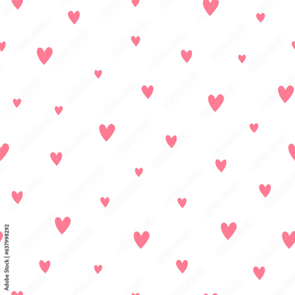 White seamless pattern with pink hearts.