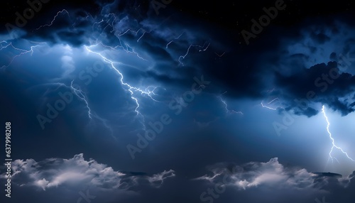 blue sky with lightning. Dark cloudy sky before thunderstorm panoramic background. Storm heaven. Wide gloomy backdrop.