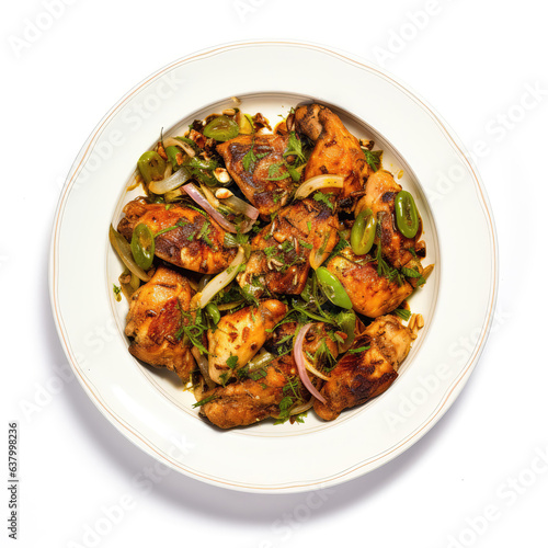 Chicken Boti Pakistani Dish On Plate On White Background Directly Above View