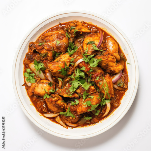 Chicken Karahi Pakistani Dish On Plate On White Background Directly Above View