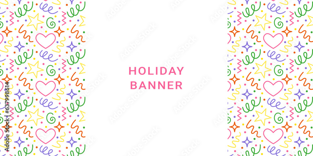 Colorful Holiday Banner childish doodle pattern. Festive hand drawn template. Childish carnival invitation. Flat graphic vector illustration Colorful Holiday Banner childish doodle pattern. Festive hand drawn template. Childish carnival invitation. Flat graphic vector illustration