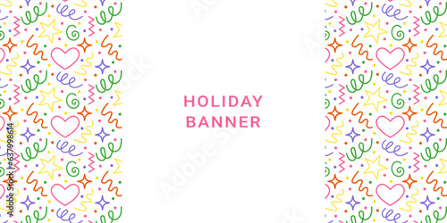 Colorful Holiday Banner childish doodle pattern. Festive hand drawn template. Childish carnival invitation. Flat graphic vector illustration