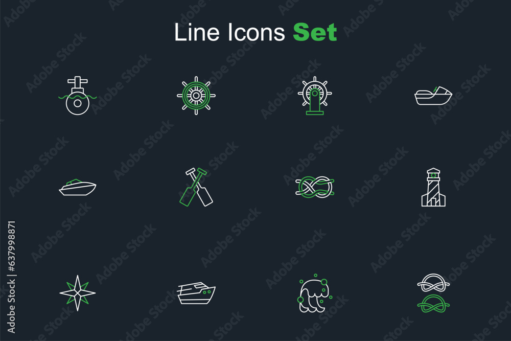 Set line Nautical rope knots, Tsunami, Speedboat, Wind rose, Lighthouse, Crossed oars or paddles and icon. Vector