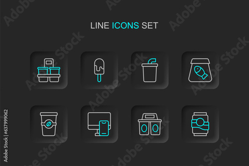 Set line Soda can, Coffee cup to go, Online ordering food, fish, Paper glass with water, Ice cream and icon. Vector