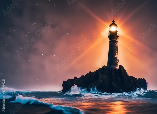 lighthouse on the coast. an isolated iron lighthouse shining light out to sea at night as it sits on a rocky stone island being battered by huge ocean wave.