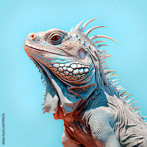 Portrait of a blue iguana on a blue background. selective focus. Generative AI