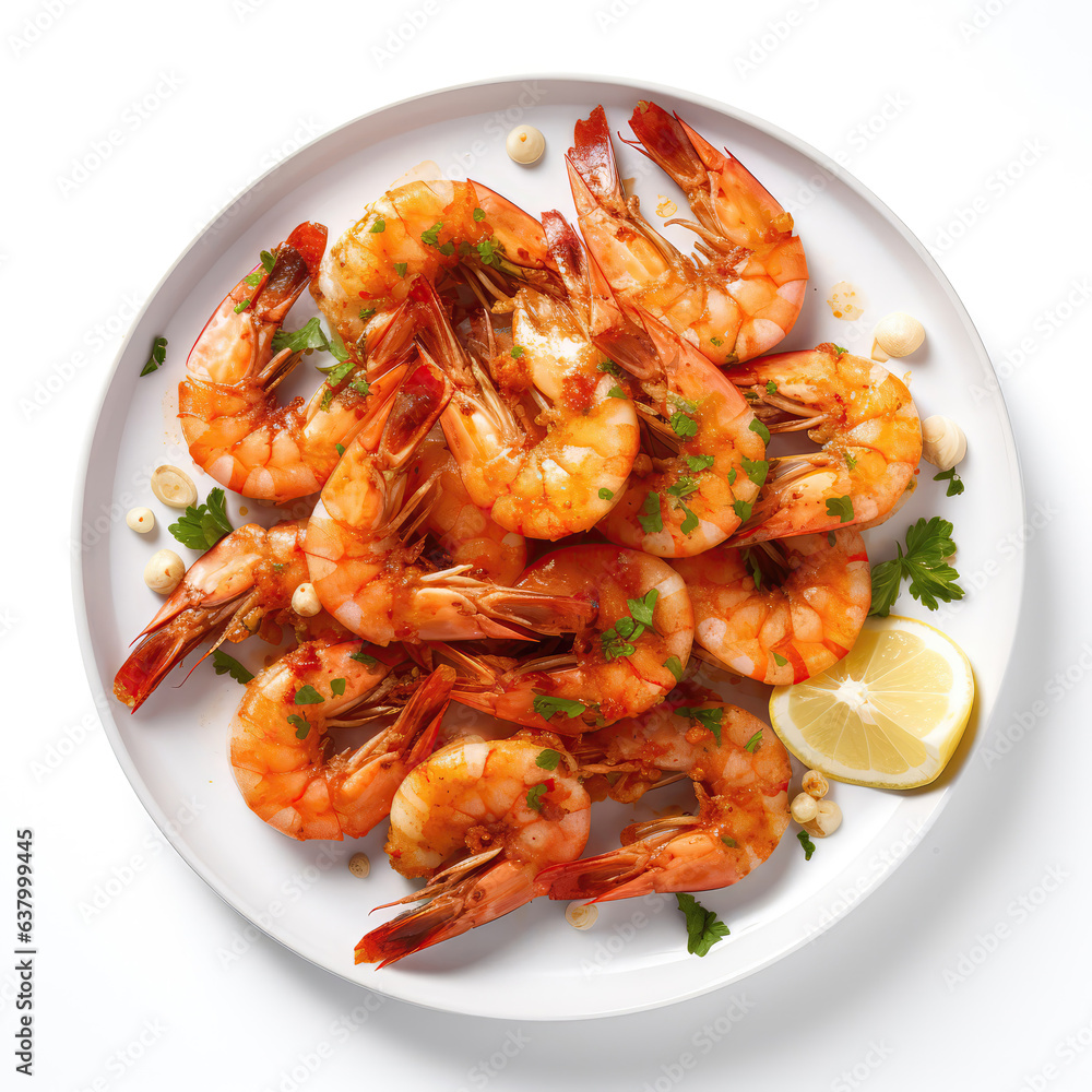 Mozambique Shrimp Portuguese Dish On Plate On White Background Directly Above View Mozambique Shrimp Portuguese Dish On Plate On White Background Directly Above View
