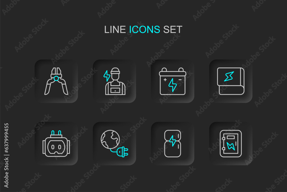Set line Electrical panel, Refrigerator, Global energy planet with plug, Tee electric, Book about electricity, Car battery, Electrician and Pliers tool icon. Vector