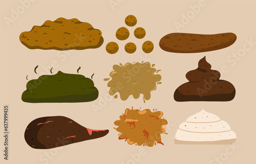 Set of types of feces. Diarrhea, constipation, normal poop, green and white stools, with blood and mucus, solid and liquid. Vector illustration in hand drawn style.