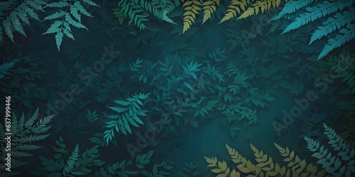 Beautiful dark turquoise nature background. Fern leaves. Toned blue frond background for design. Web banner.