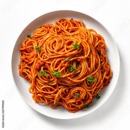 Jollof Spaghetti Nigerian Dish On Plate On White Background Directly Above View photo