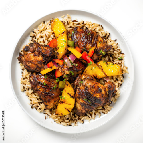 Jerk Chicken Jamaican Dish On Plate On White Background Directly Above View photo