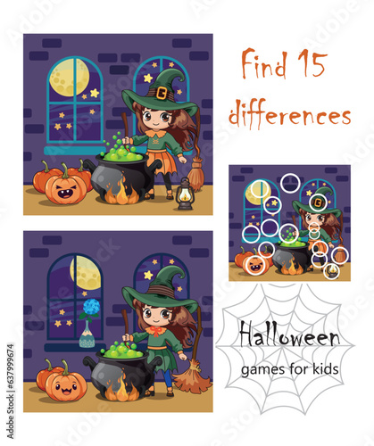 Mini games for kids, Halloween. find 15 differences. cute witch preparing potion