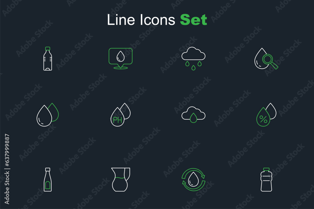 Set line Bottle of water, Recycle clean aqua, Jug glass with, Water drop percentage, Cloud rain, and icon. Vector Set line Bottle of water, Recycle clean aqua, Jug glass with, Water drop percentage, Cloud rain, and icon. Vector