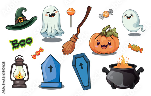 Set of Halloween elements on white background in cartoon cute style. Kind characters