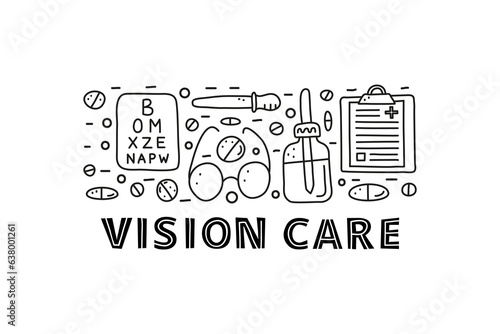 Poster with lettering and doodle outline ophthalmology icons.