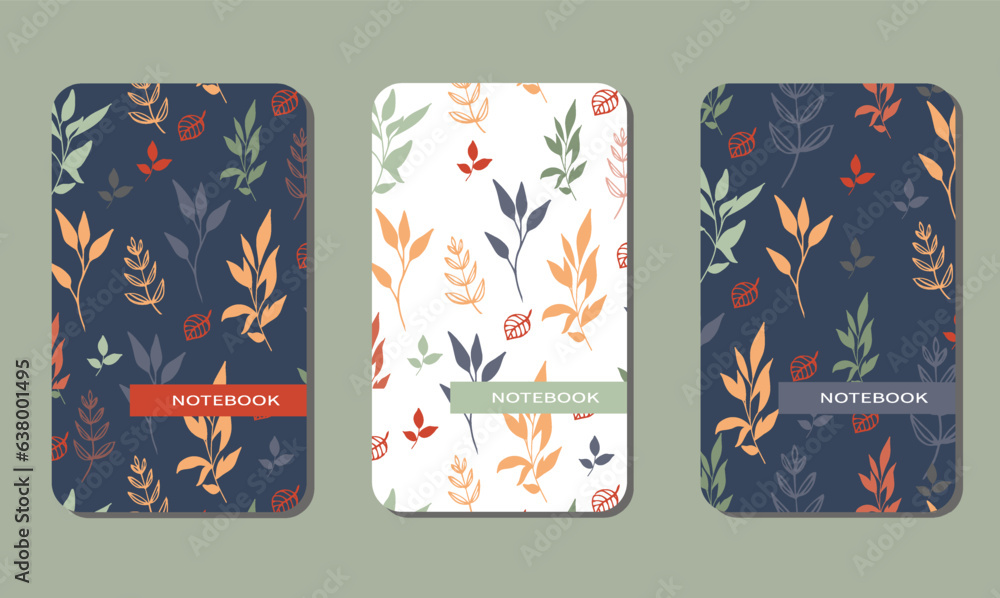 Obraz premium Set of fashion covers. Abstract design from autumn bright leaves. For notebooks, planners, brochures, diaries. Vector illustration.
