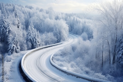 Snow-covered roads wind through a forest landscape; winter nature scene. Concept of serene countryside and frosty travel.