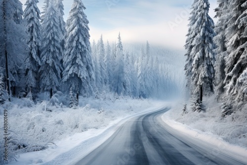 Icy forest roads amidst snow; cold winter weather. Concept of tranquil nature and frosty travel.
